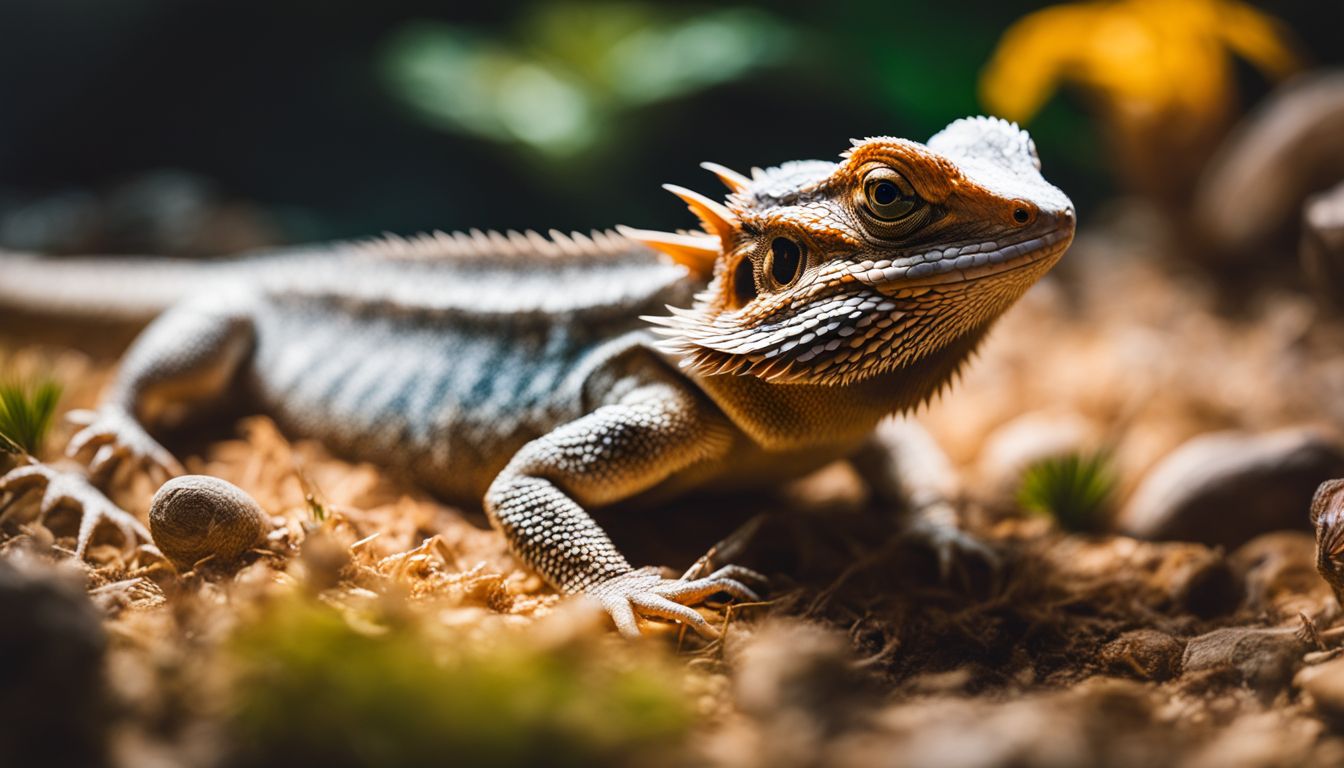 A bearded dragon hunting for spiders in a desert terrarium in a wildlife photography setting. A bearded dragon hunting for spiders in a desert terrarium in a wildlife photography setting.