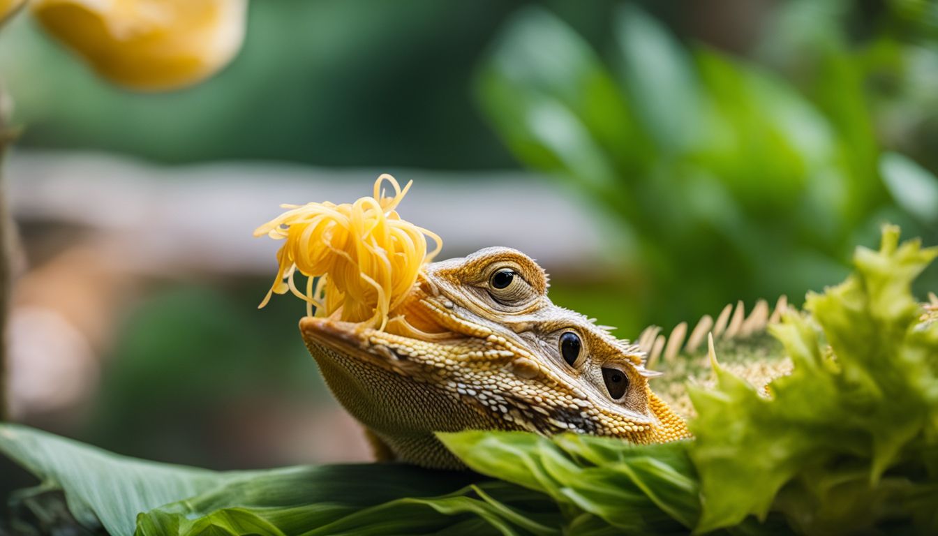A bearded dragon eating spaghetti squash in a garden with natural surroundings. A bearded dragon eating spaghetti squash in a garden with natural surroundings.
