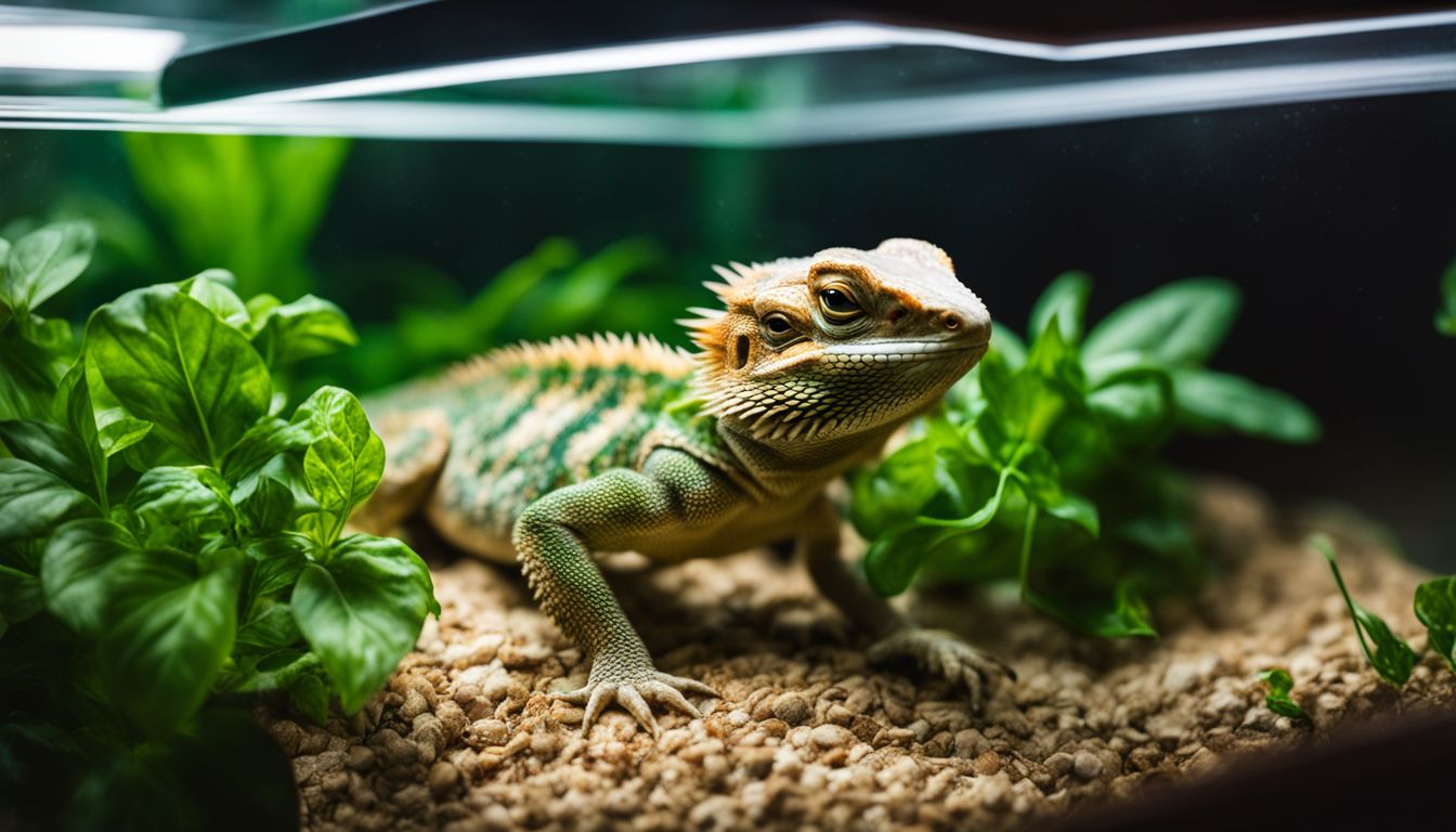 A bearded dragon enjoying a meal of basil and parsley in a lush terrarium. A bearded dragon enjoying a meal of basil and parsley in a lush terrarium.