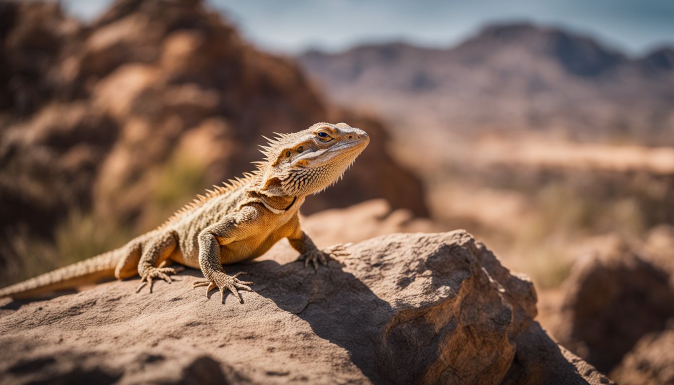 A bearded dragon basking on a rocky outcrop in a desert environment. A bearded dragon basking on a rocky outcrop in a desert environment.