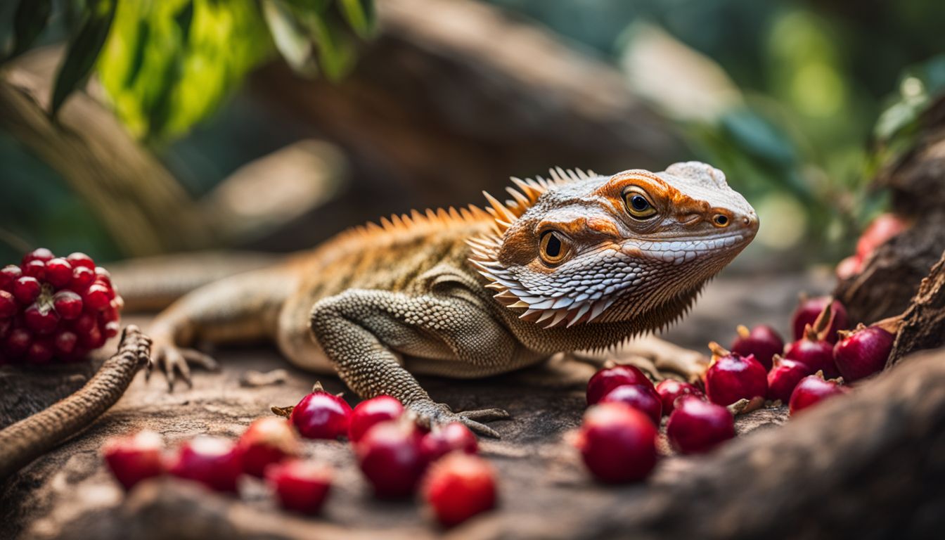 A bearded dragon eating pomegranate in a natural reptile habitat. A bearded dragon eating pomegranate in a natural reptile habitat.