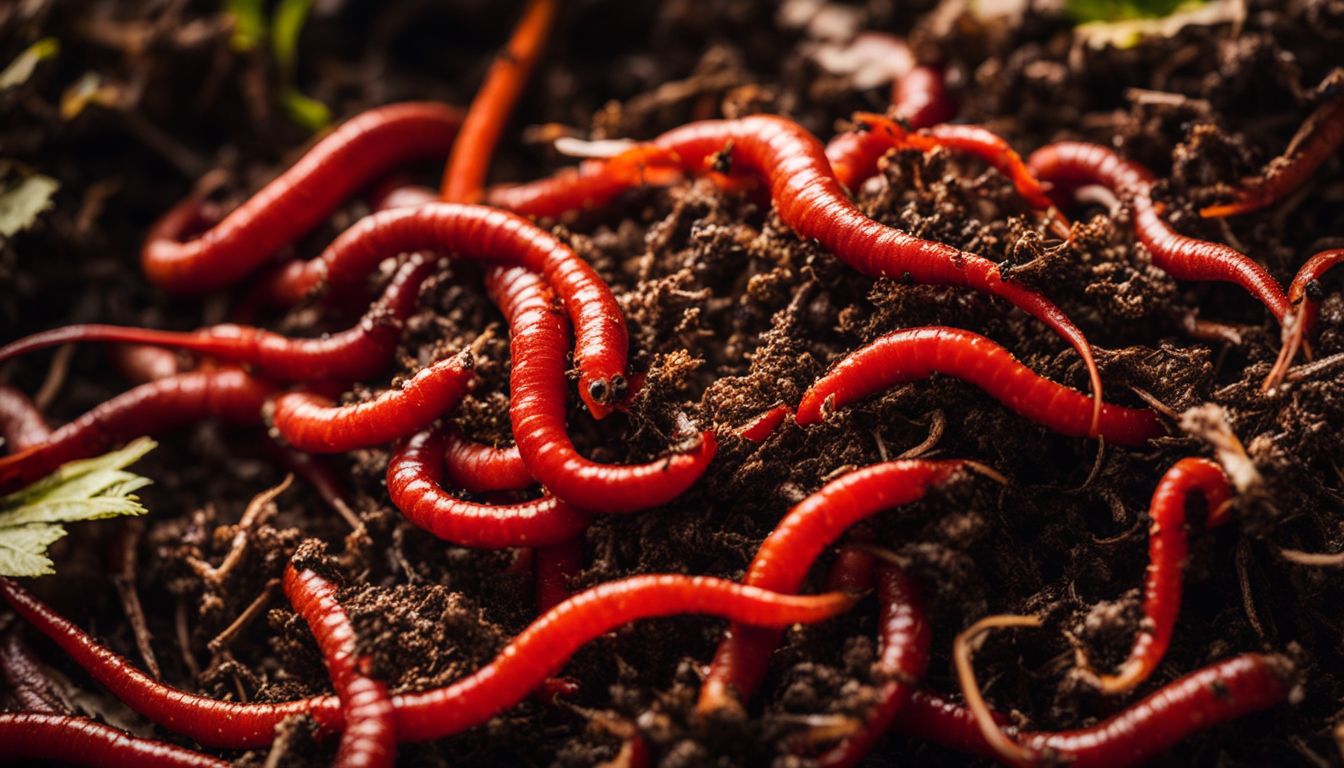 Close-up photo of red wigglers in a compost pile surrounded by organic matter in nature. Close-up photo of red wigglers in a compost pile surrounded by organic matter in nature.
