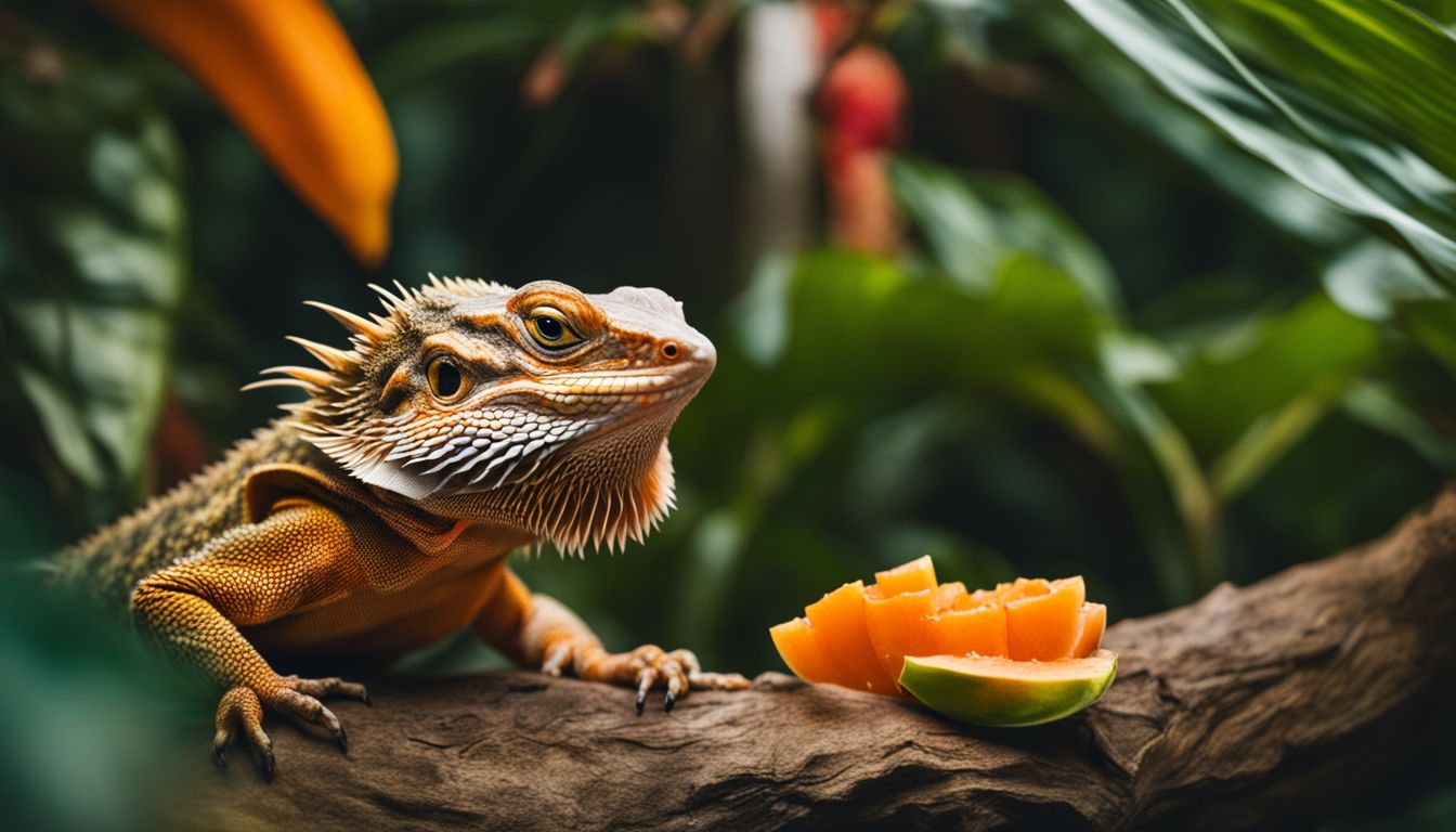 A bearded dragon eating papaya in a lush tropical environment. A bearded dragon eating papaya in a lush tropical environment.