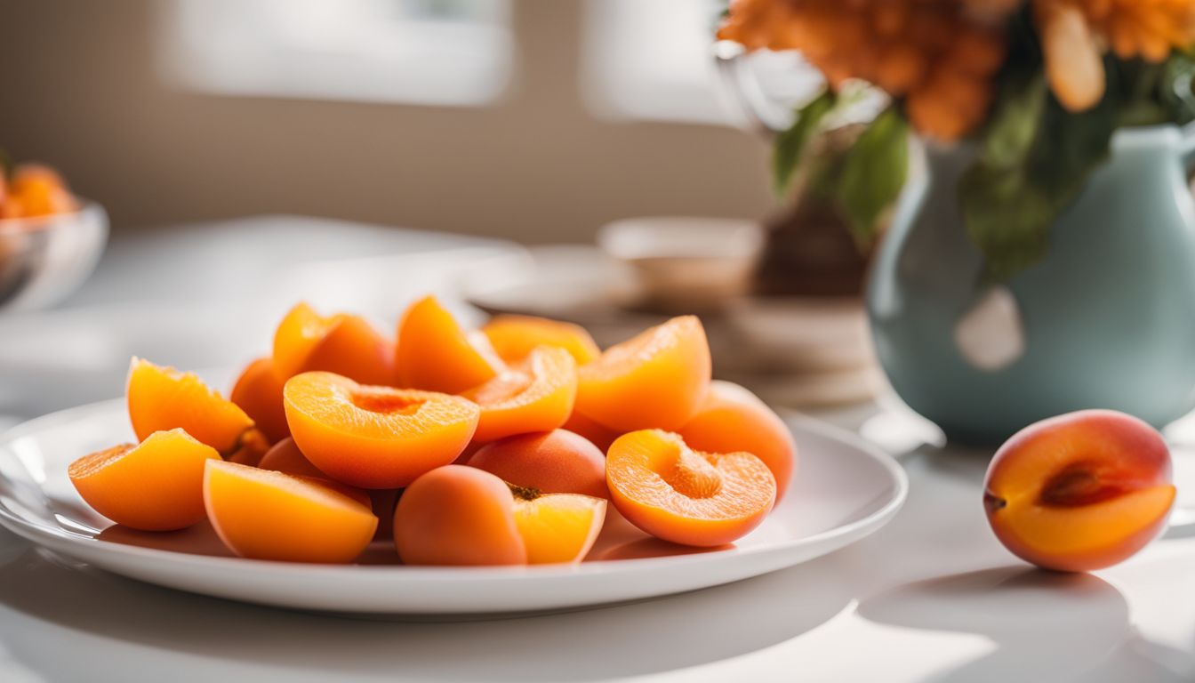 Sliced apricots on a white plate surrounded by a variety of colorful fruits and nature photography. Sliced apricots on a white plate surrounded by a variety of colorful fruits and nature photography.