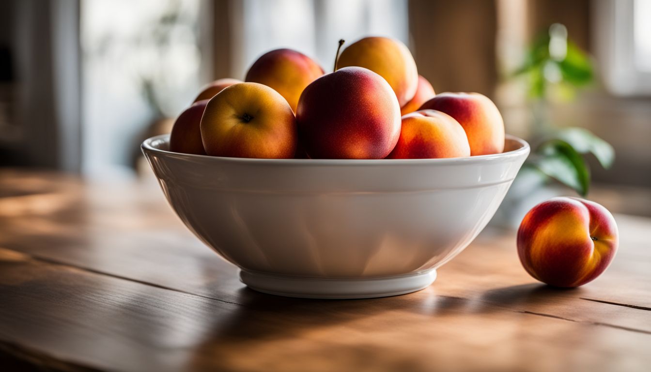 A bowl of ripe nectarines on a wooden tabletop in a sunny kitchen. A bowl of ripe nectarines on a wooden tabletop in a sunny kitchen.