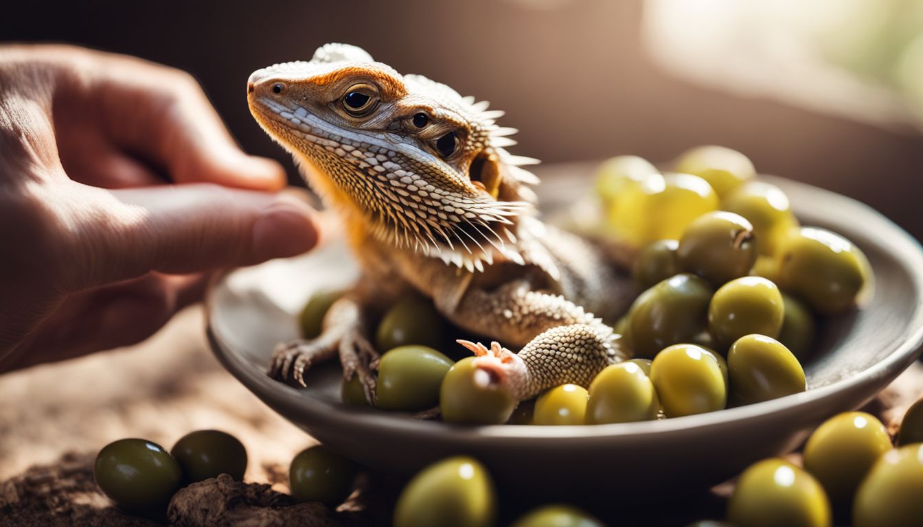 A bearded dragon in a natural habitat looking at a bowl of olives. A bearded dragon in a natural habitat looking at a bowl of olives.