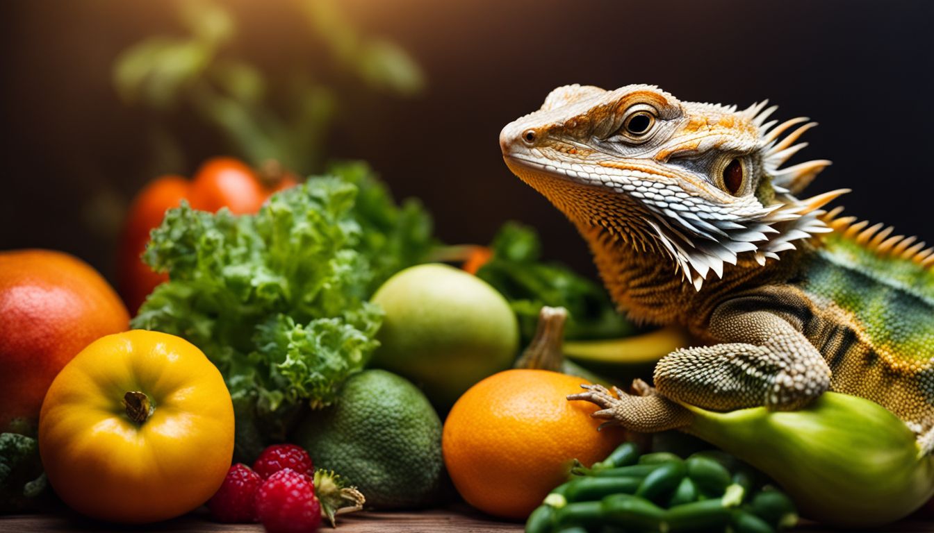 A bearded dragon surrounded by a variety of fruits and vegetables in a bustling atmosphere. A bearded dragon surrounded by a variety of fruits and vegetables in a bustling atmosphere.