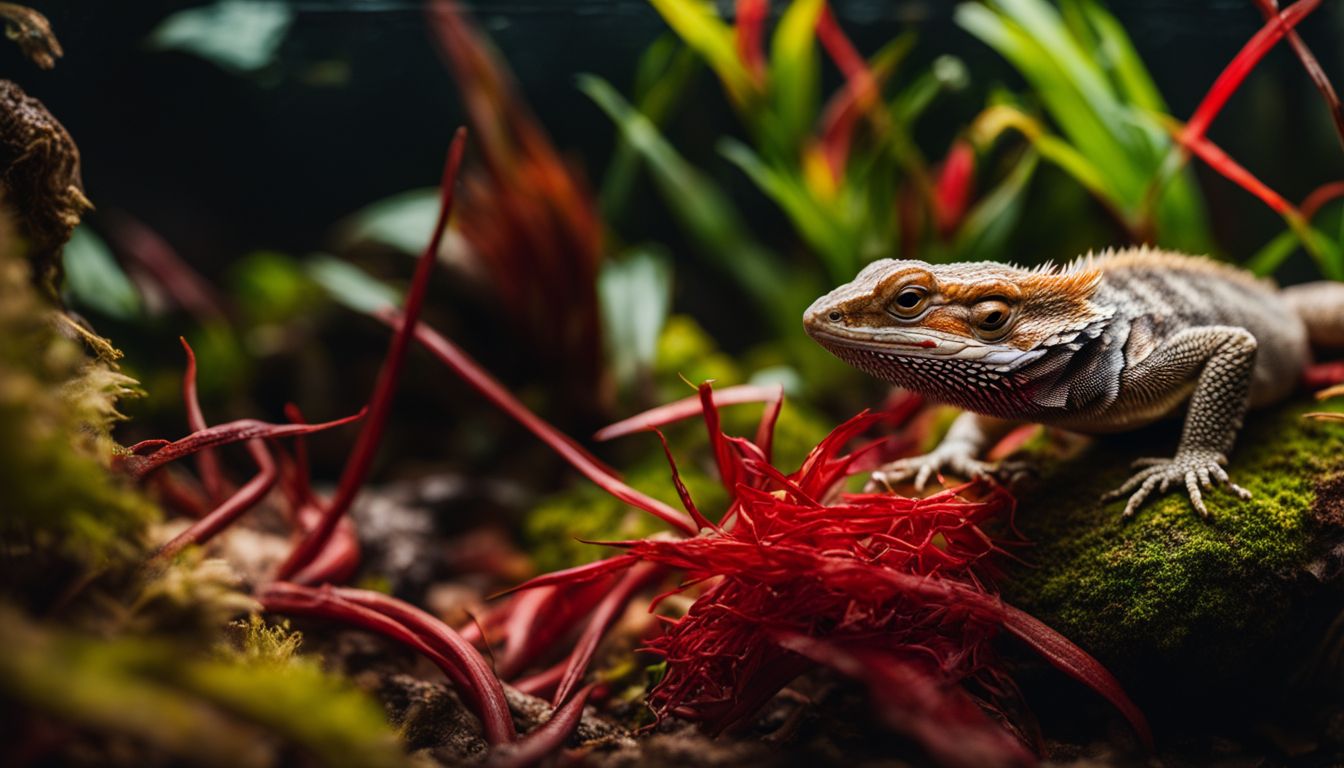 'A bearded dragon feasting on red worms in a lush terrarium.' 'A bearded dragon feasting on red worms in a lush terrarium.'