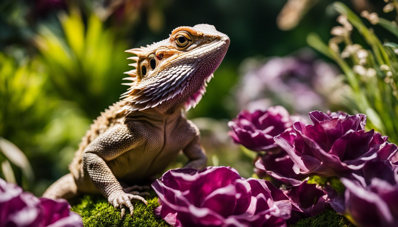 A bearded dragon enjoys eating radicchio in a lush garden surrounded by nature and wildlife. A bearded dragon enjoys eating radicchio in a lush garden surrounded by nature and wildlife.