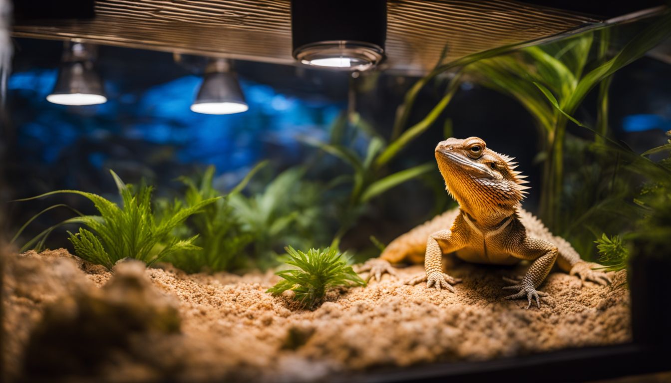 A bearded dragon basking in a desert terrarium in a bustling atmosphere. A bearded dragon basking in a desert terrarium in a bustling atmosphere.