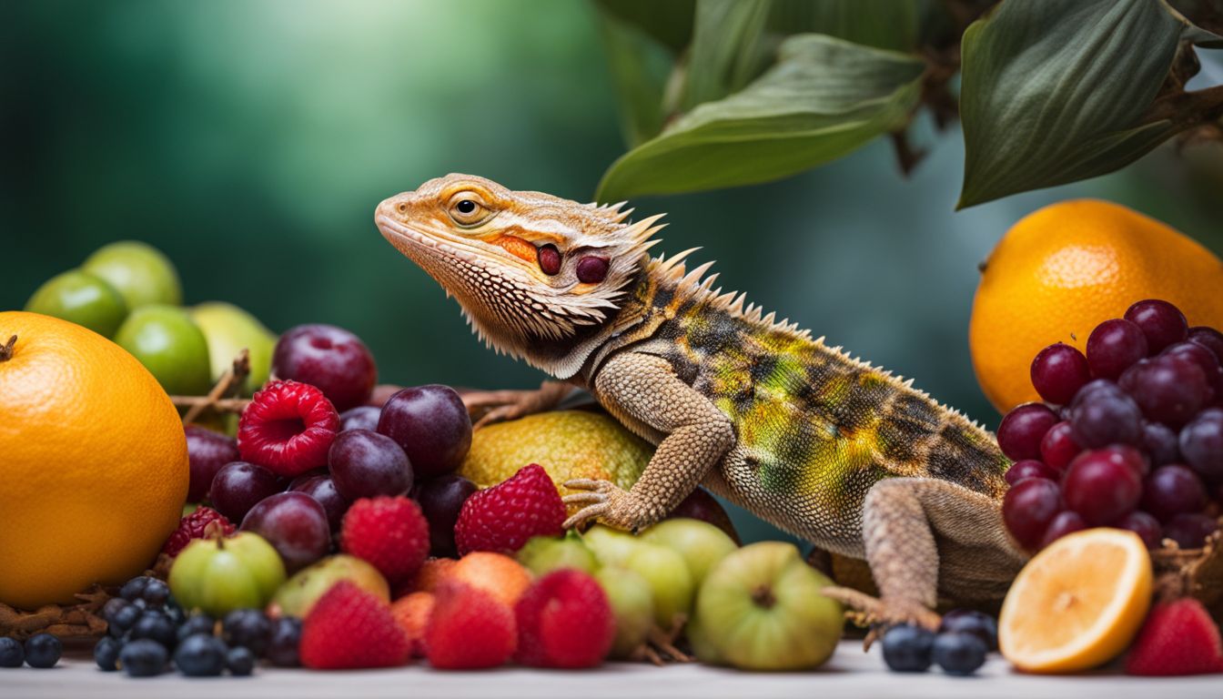A bearded dragon surrounded by a variety of fruits in a bustling atmosphere captured with a wide-angle lens. A bearded dragon surrounded by a variety of fruits in a bustling atmosphere captured with a wide-angle lens.
