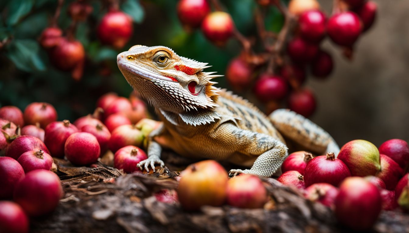A bearded dragon surrounded by pomegranates in a reptile habitat, captured in high-quality wildlife photography. A bearded dragon surrounded by pomegranates in a reptile habitat, captured in high-quality wildlife photography.