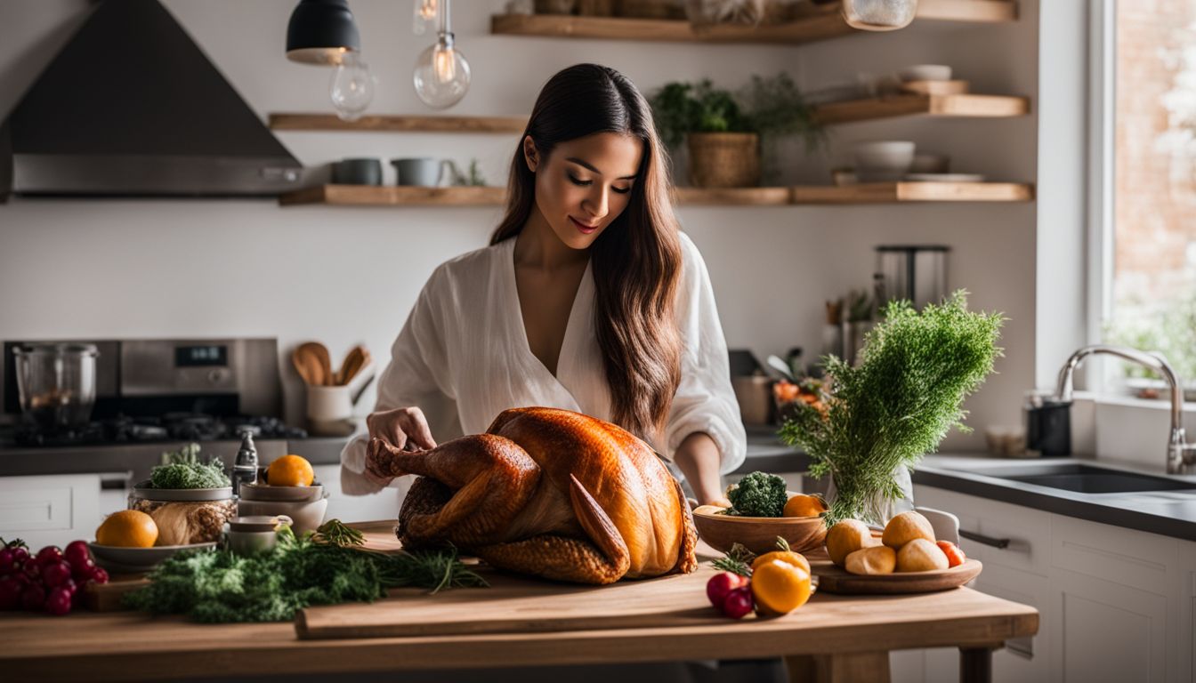 A woman is preparing lean turkey for bearded dragons in a clean, well-lit kitchen.