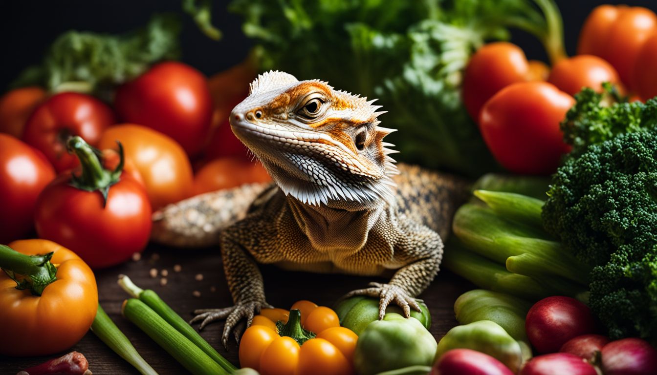 A bearded dragon surrounded by fresh vegetables in a vibrant and diverse environment. A bearded dragon surrounded by fresh vegetables in a vibrant and diverse environment.