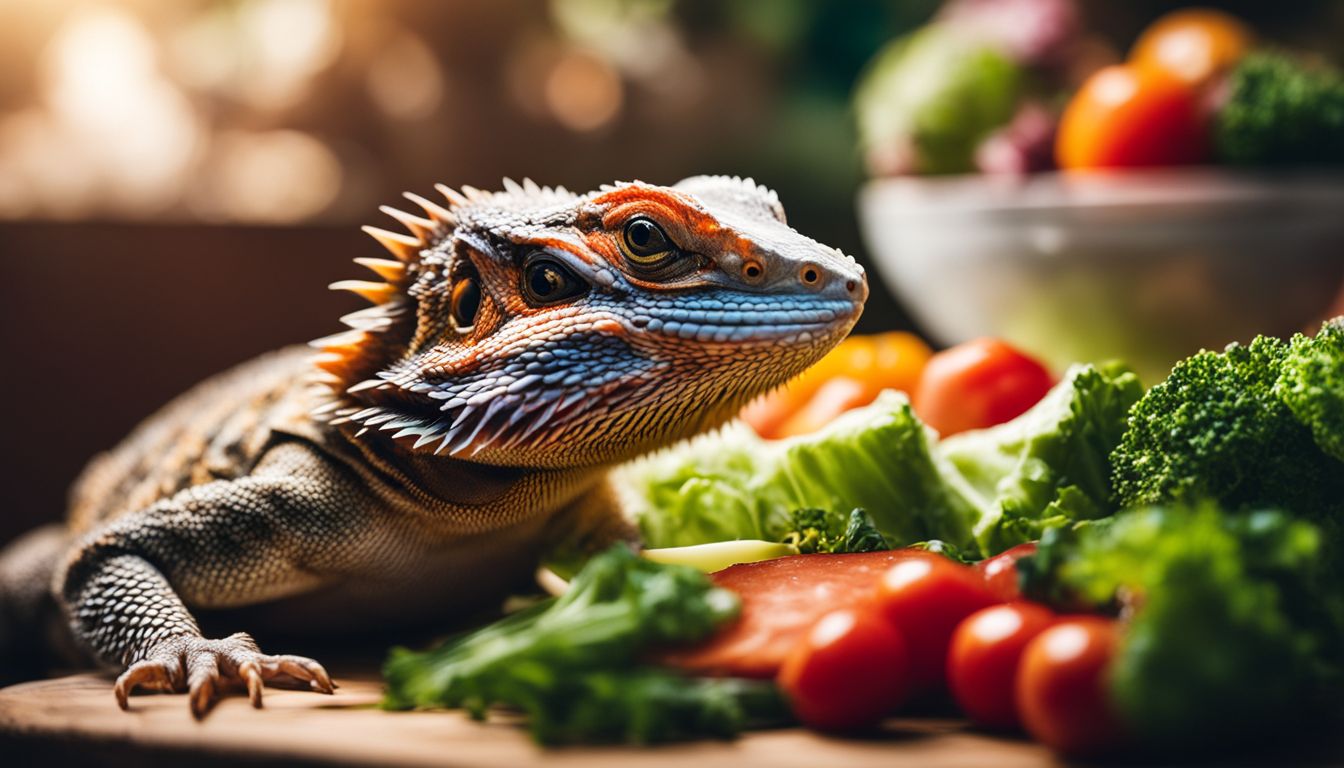 A bearded dragon refusing to eat ham surrounded by fresh vegetables in a bustling atmosphere. A bearded dragon refusing to eat ham surrounded by fresh vegetables in a bustling atmosphere.