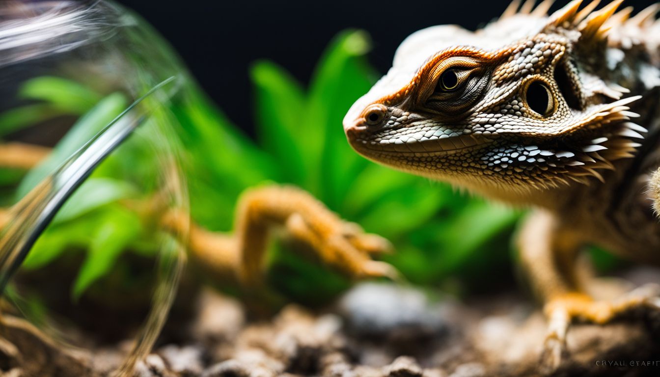 A bearded dragon inspecting a spider in its terrarium captured in high-quality wildlife photography. A bearded dragon inspecting a spider in its terrarium captured in high-quality wildlife photography.
