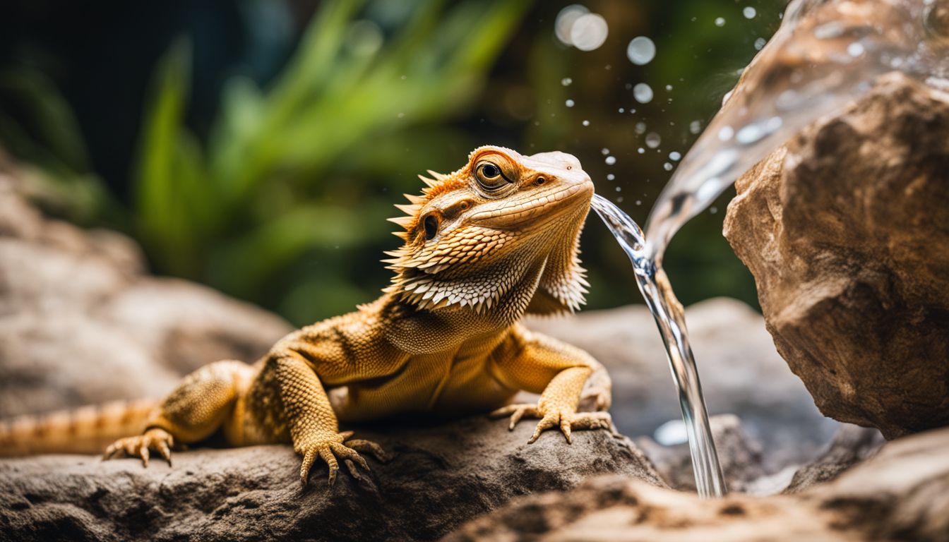 A bearded dragon drinking water in its natural habitat, captured in a stunning wildlife photography shot. A bearded dragon drinking water in its natural habitat, captured in a stunning wildlife photography shot.