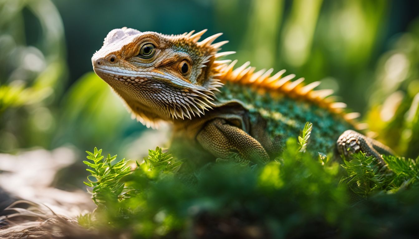 A bearded dragon surrounded by various greens in a bustling atmosphere. A bearded dragon surrounded by various greens in a bustling atmosphere.