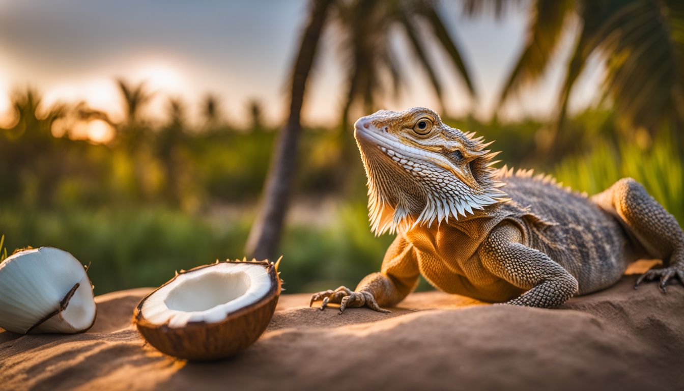 A bearded dragon enjoying fresh coconut in a desert habitat, captured in a stunning wildlife photograph. A bearded dragon enjoying fresh coconut in a desert habitat, captured in a stunning wildlife photograph.
