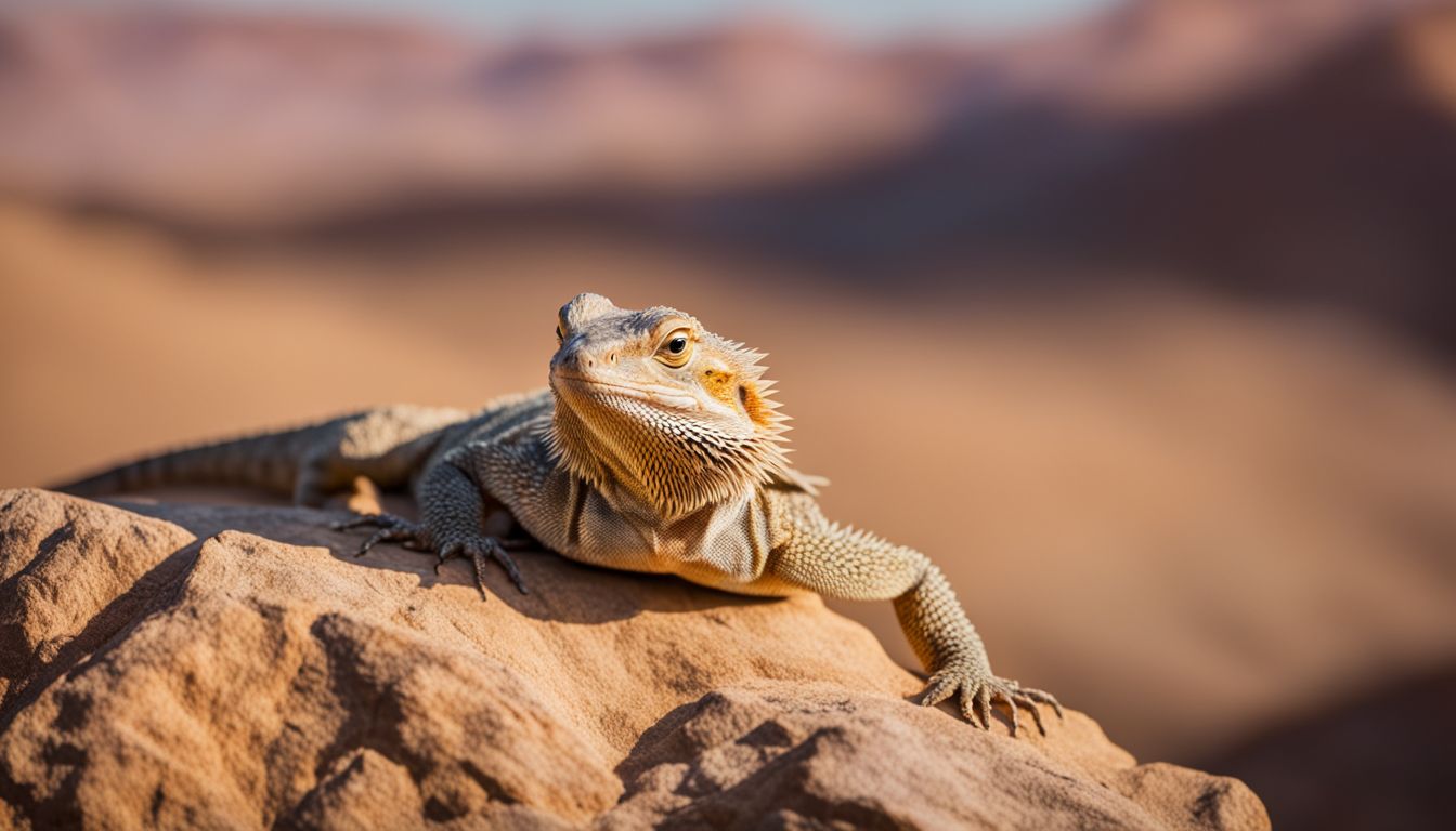 A bearded dragon basking on a rock in a desert environment captured in a wildlife photography. A bearded dragon basking on a rock in a desert environment captured in a wildlife photography.