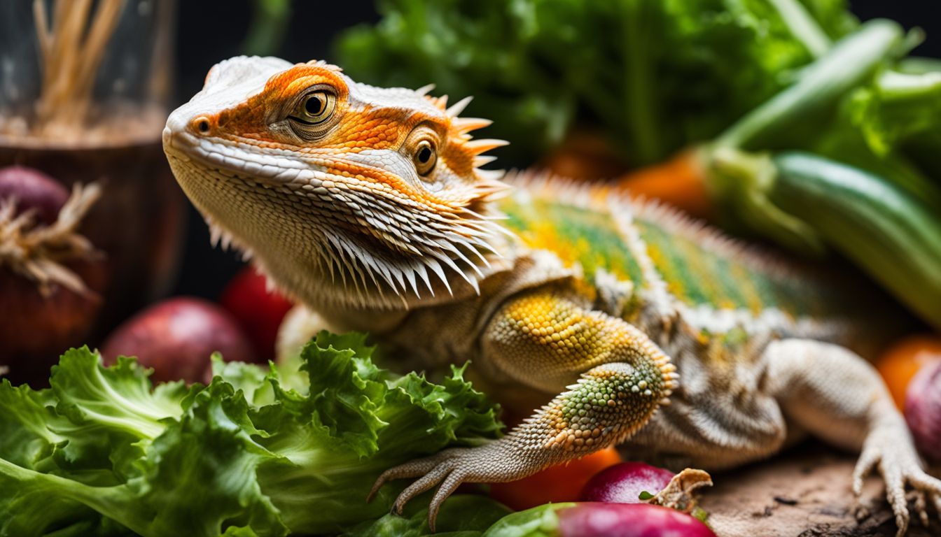 A bearded dragon surrounded by safe vegetables and insects in a nature photography setting. A bearded dragon surrounded by safe vegetables and insects in a nature photography setting.