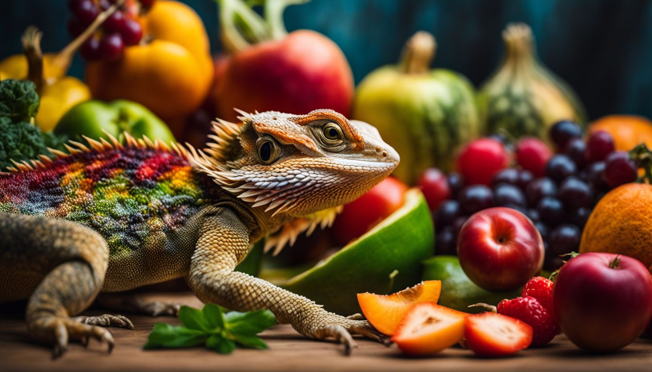 A bearded dragon surrounded by a variety of colorful fruits and vegetables in a bustling atmosphere. A bearded dragon surrounded by a variety of colorful fruits and vegetables in a bustling atmosphere.