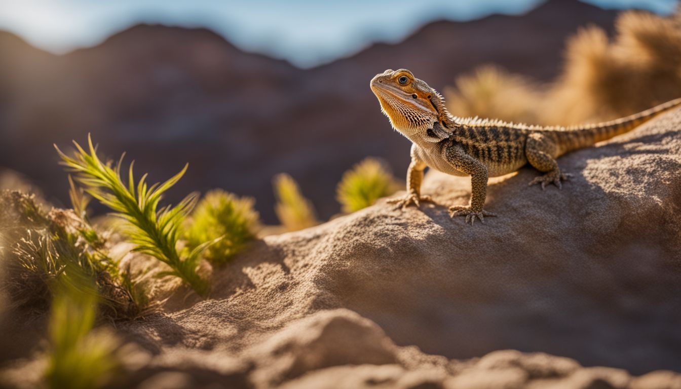 A bearded dragon in a cozy desert terrarium with various outfits and hair styles in a bustling atmosphere. A bearded dragon in a cozy desert terrarium with various outfits and hair styles in a bustling atmosphere.
