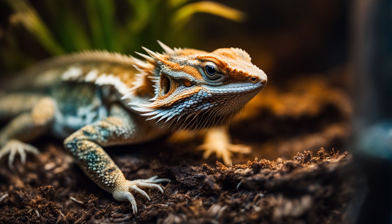 A bearded dragon eating darkling beetles in its terrarium, captured in high quality with a wide-angle lens. A bearded dragon eating darkling beetles in its terrarium, captured in high quality with a wide-angle lens.