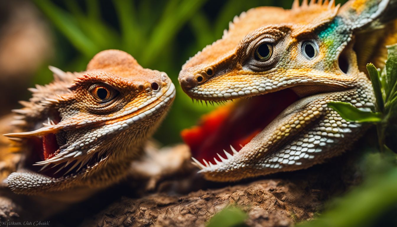 A healthy bearded dragon eating red wigglers in a natural habitat, captured in a bustling atmosphere with sharp focus. A healthy bearded dragon eating red wigglers in a natural habitat, captured in a bustling atmosphere with sharp focus.