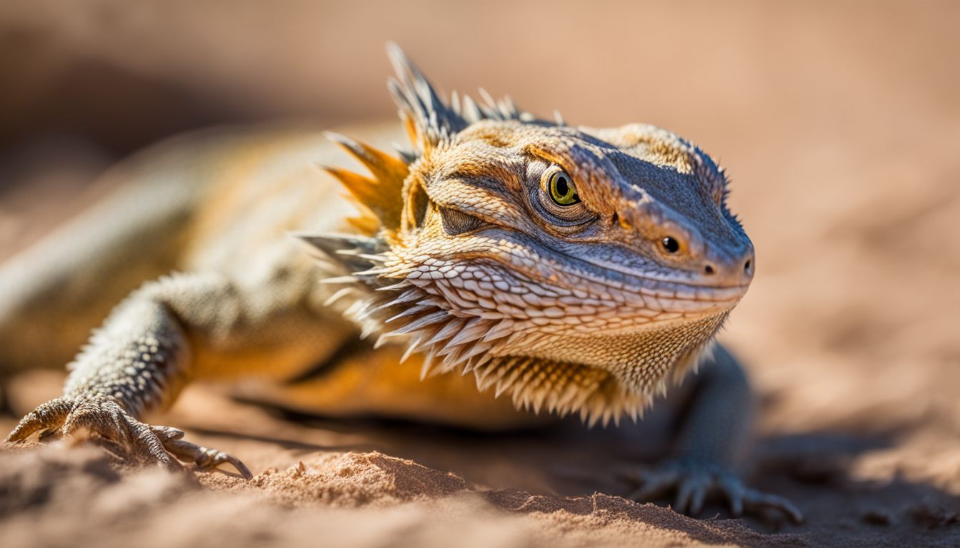 The photo is of a bearded dragon in its natural desert habitat. The photo is of a bearded dragon in its natural desert habitat.