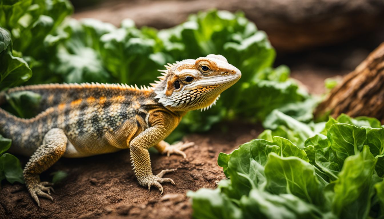 A bearded dragon eating greenery in its desert habitat, captured in high-quality wildlife photography. A bearded dragon eating greenery in its desert habitat, captured in high-quality wildlife photography.