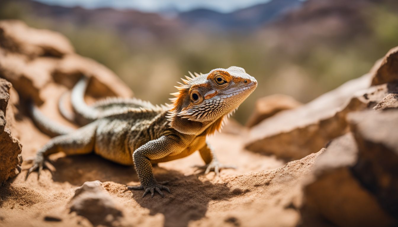 A bearded dragon exploring a desert terrarium in a wildlife photography setting. A bearded dragon exploring a desert terrarium in a wildlife photography setting.