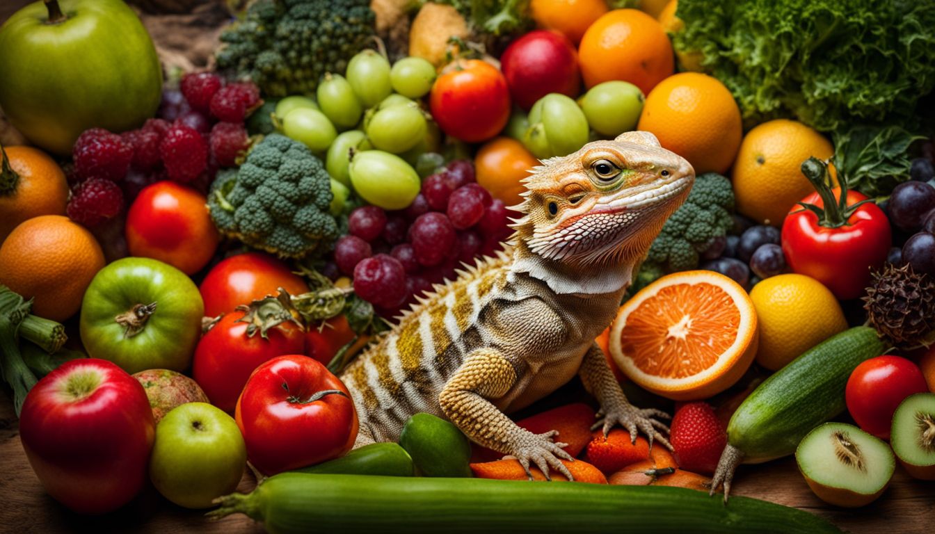 A bearded dragon surrounded by a variety of fruits and vegetables in a bustling atmosphere. A bearded dragon surrounded by a variety of fruits and vegetables in a bustling atmosphere.